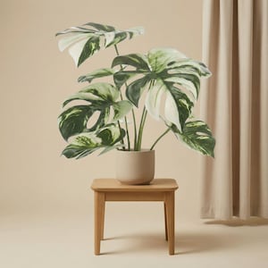 Op de afbeelding: Een Monstera-plant in pot met grote, gevlekte groene en witte bladeren staat op een kleine, vierkante houten tafel. De plant staat in een beige pot. Op de achtergrond hangt een beige gordijn.