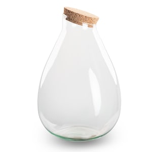 Könnte beinhalten: Ein klares, tropfenförmiges Glas-Terrarium mit einem Korken. Das Glas hat am Boden einen leichten Grünstich. Der Korken ist abgewinkelt und passt eng in die Öffnung des Glasbehälters. Das Terrarium ist leer.
