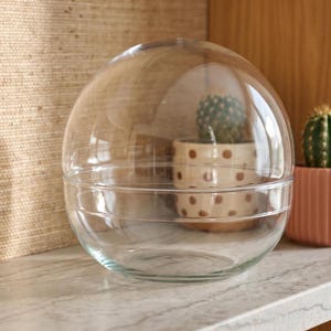 May include: A clear glass cloche with a spherical top and a cylindrical base. The glass dome is transparent and smooth, featuring a horizontal seam where the two sections meet. It is a hollow, rounded container designed for display purposes.