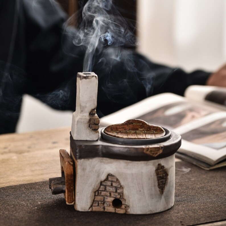 Miniature Firewood Stove With Chimney, Ceramic Backflow Incense Burner