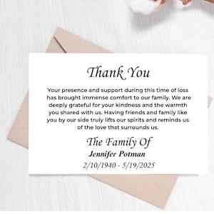 Tarjeta de agradecimiento funeraria personalizada con sobres, conmemorativa, celebración de la vida, tarjeta de condolencias, papelería de duelo