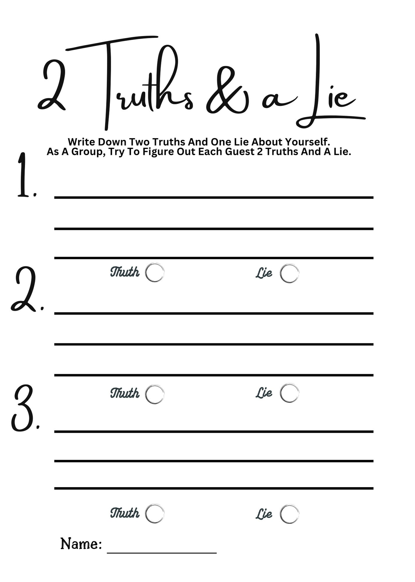 Two Truths and A Lie Icebreaker Game Icebreaker Printable Games