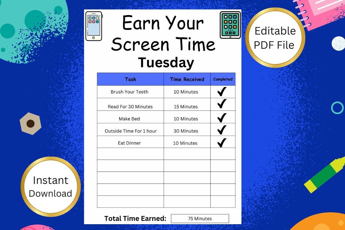 Printable Screen Time Tracker | Screen Time Chart Checklist for Kids ...