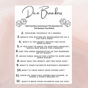 DiceBreakers Icebreaker-spel | Vragen over IceBreaker | Gespreksstarters | Afdrukbaar dinerspel | Direct downloaden