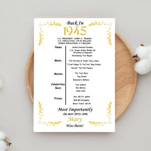 Decoración de 80 cumpleaños, tarjetas para fiesta de 80 cumpleaños, nacido en 1945, cumpleaños para ella, cumpleaños para él, decoraciones para platos de cena 80