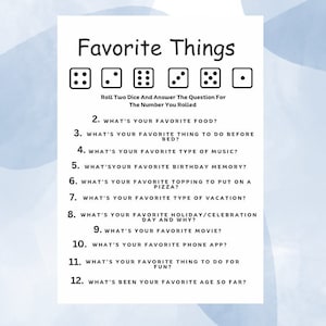 Favorite Things DiceBreaker Game, IceBreaker-afdrukbare games, Icebreaker Questions, Roll and Tell, Instant Download