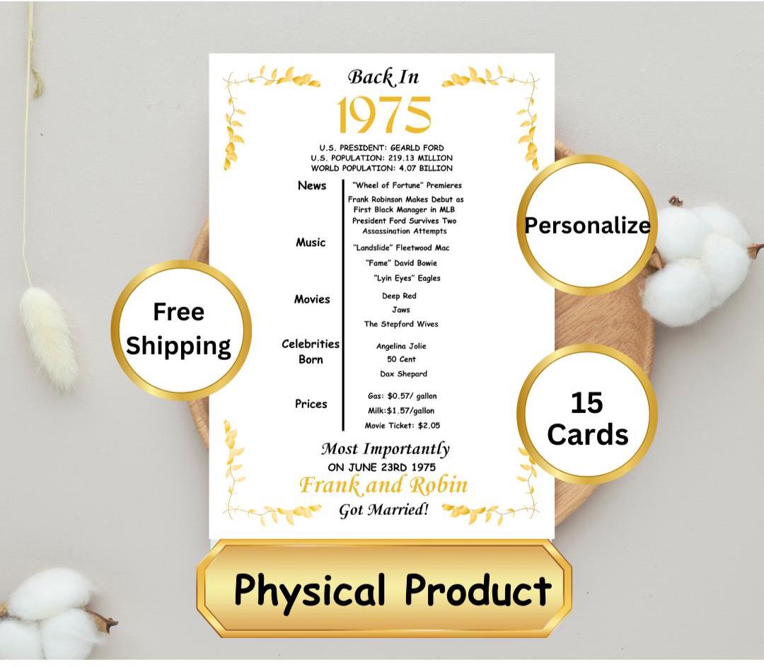 50th Anniversary Table Place Cards: Golden Anniversary Party Decorations
