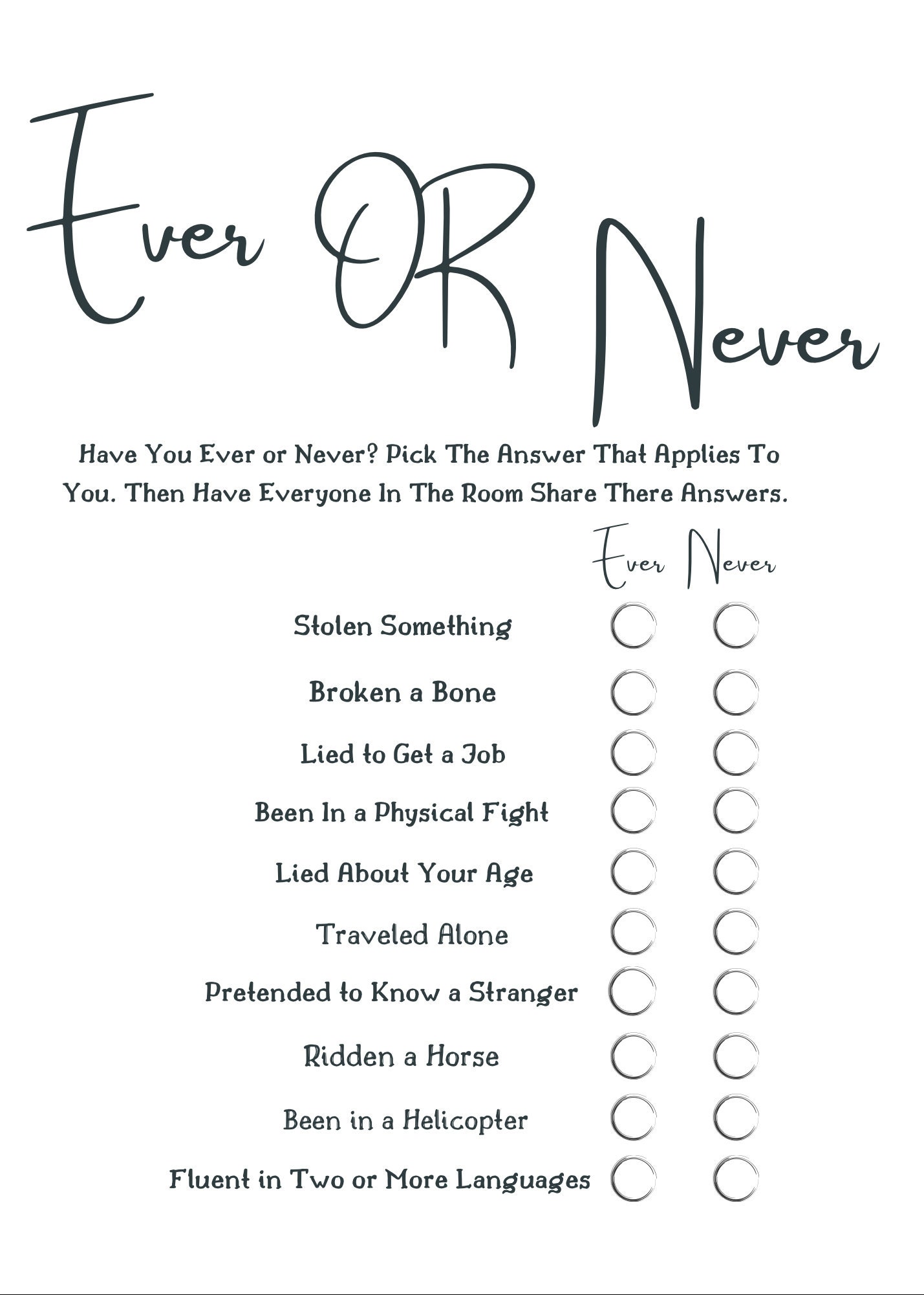 Ever or Never Icebreaker Game Icebreaker Printable Games Icebreaker Questions Dinner Party