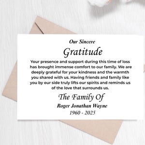 Tarjeta de agradecimiento funeraria personalizada con sobres, conmemorativa, celebración de la vida, tarjeta de condolencias, papelería de duelo