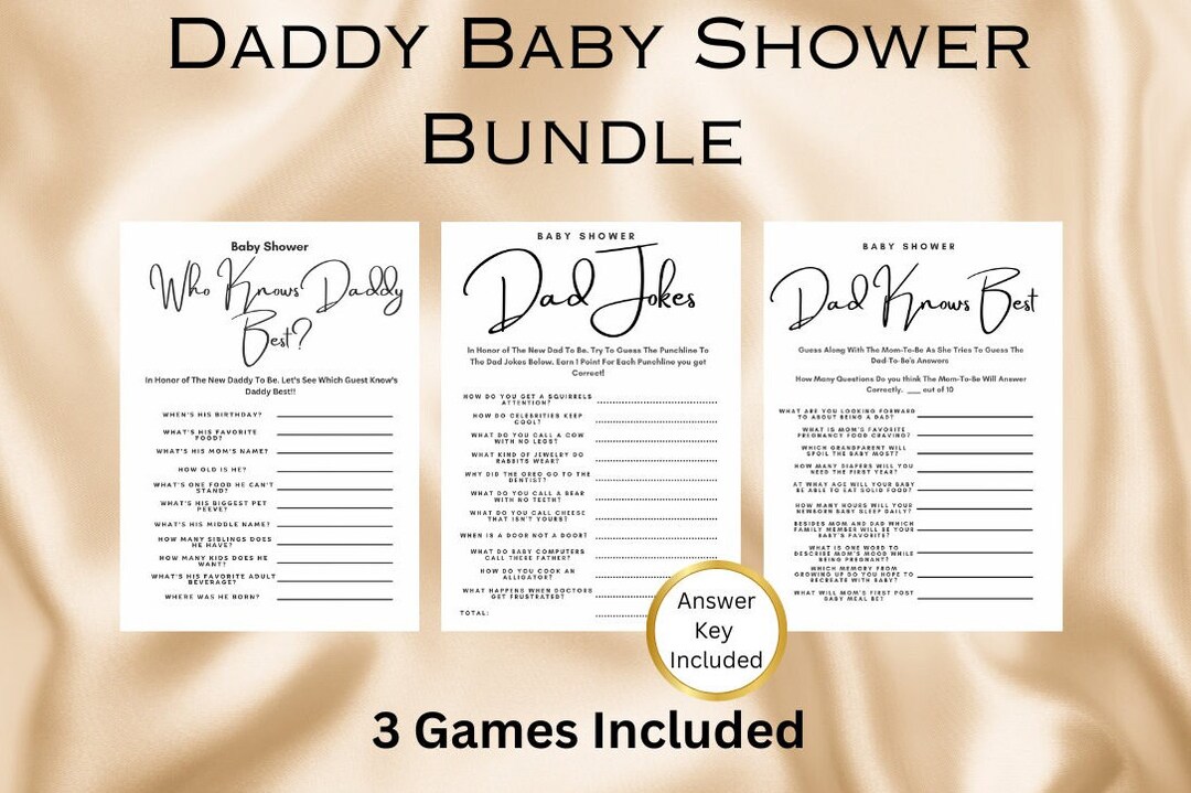 Daddy Baby Shower Game Bundle Pack | 3 Baby Shower Minimalist Games ...