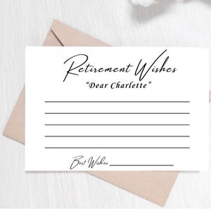 Tarjeta de deseos de jubilación con sobre, recuerdo minimalista moderno, tarjeta con ideas para la lista de deseos, tarjeta con consejos y deseos para la jubilación.