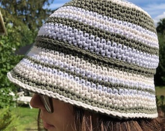 Chapeau de pêche au crochet, chapeau seau, chapeau de soleil, chapeau au crochet en fil recyclé, olive-blanc-beige