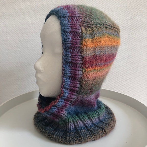 Knitted balaclava, scarf hat made of wool, hand-knitted, multicolored-grey-green/petrol/wine-red/salmon/green/mint/grey-beige/camel/lilac