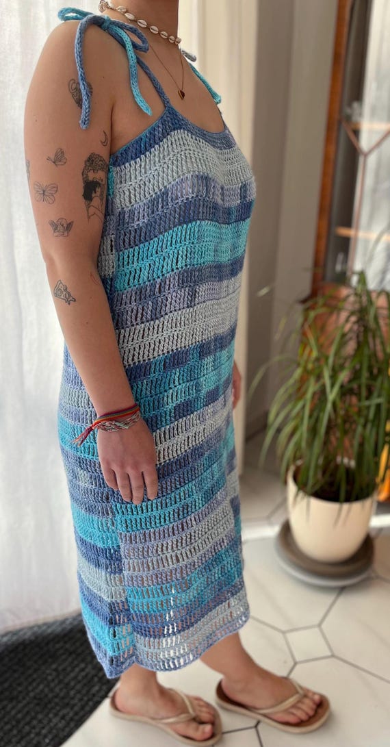 Blue Crochet Dress PEACHY BOHO Style, Beach Dress, Summer Dress, Crocheted,  Fishnet Dress, Size S/meter, Knee-length - Etsy