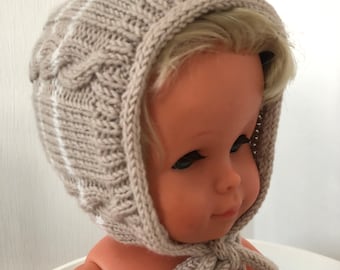 Hand-knitted baby hat, 100% extra-fine merino wool, beige, sizes 0-3 and 3-6 months