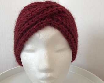 Headband TWIST hand knitted, wool with alpaca, wine red, hair band, bow