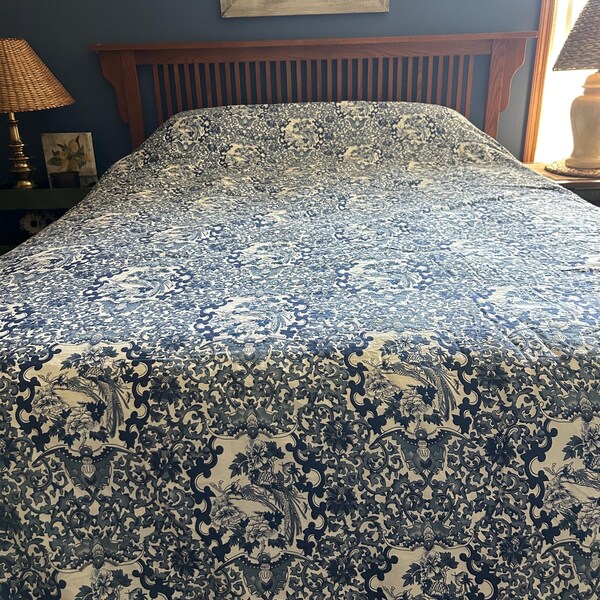 Vintage Ralph Lauren Tamarind Porcelain Bird Blue White Stripe California KING Comforter