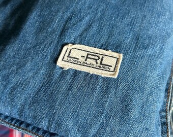 L-RL Lauren Ralph Lauren Blue Denim Comforter & Sham Cotton Twin Bed RARE Logo