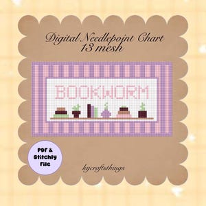May include: A digital needlepoint chart for 13 mesh featuring a rectangular design with a light purple striped border. The center displays the word BOOKWORM in pink letters above a shelf with various small potted plants and books in muted tones.