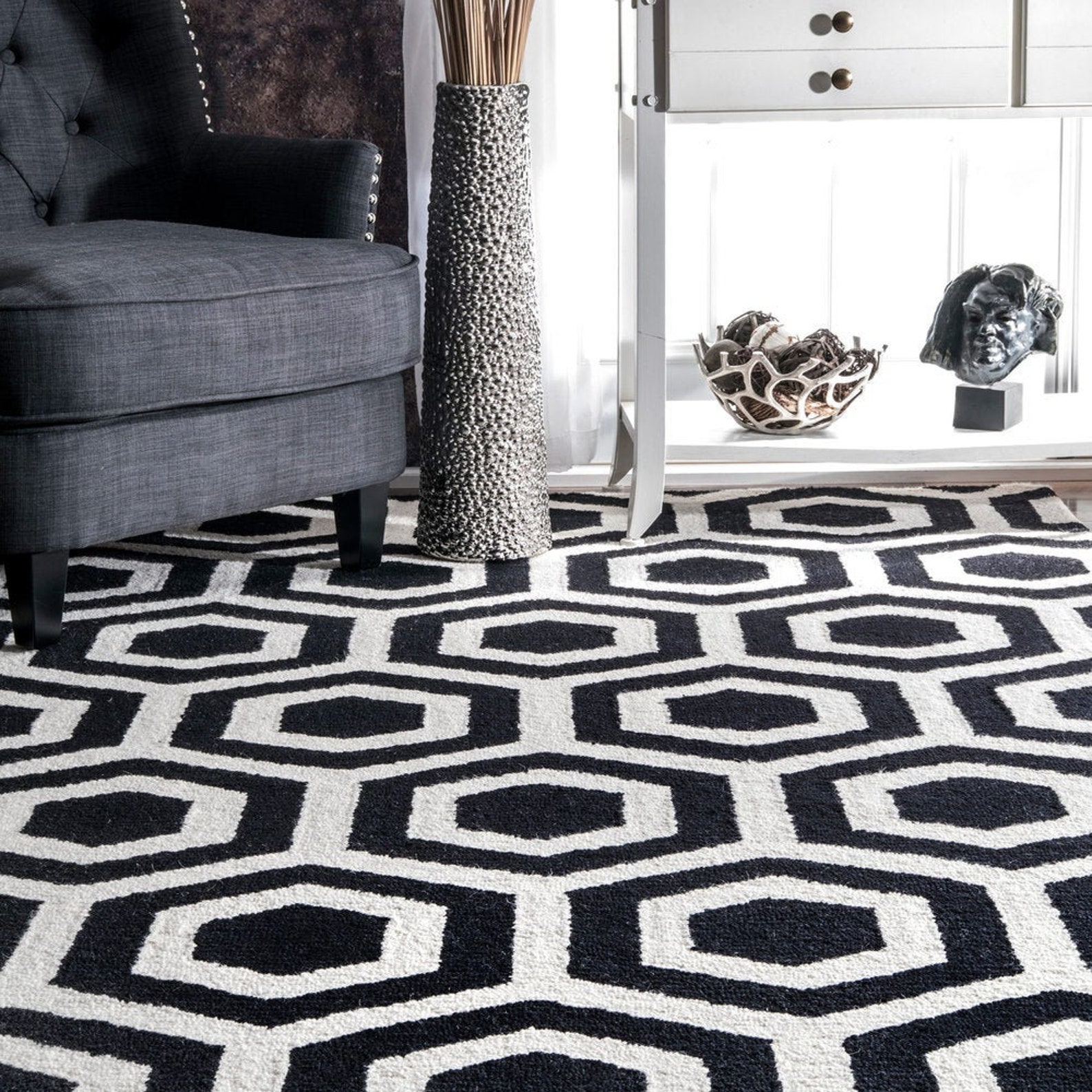 Black and White Hand Tufted Trellis Wool Area Rug Hand Tuft Etsy