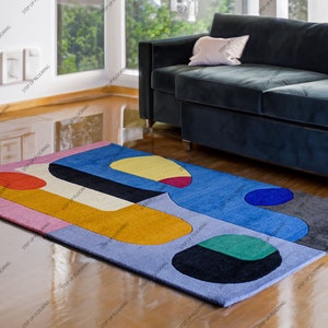 Hand Tufted Modern Rug With Pop Of Teal Navy Beige Blue Multicolored Hand Tuft Tufted Woolen Rug Bedroom Kitchen Livingroom Custom Large Rug