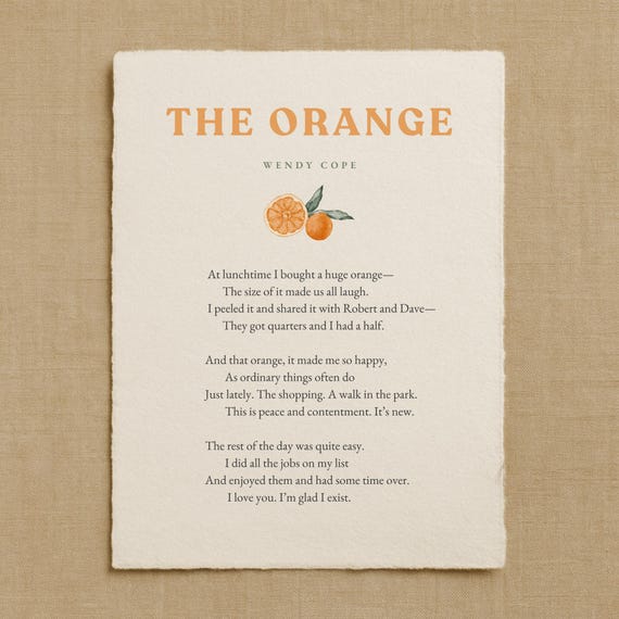 The Orange by Wendy Cope, Printable Poetry Wall Art, Digital