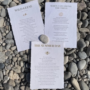 Puede incluir: Tres impresiones rectangulares en papel blanco con bordes irregulares que presentan los poemas Wild Geese, When I Am Among the Trees y The Summer Day de Mary Oliver. Cada lámina incluye un pequeño icono dorado y texto gris oscuro.