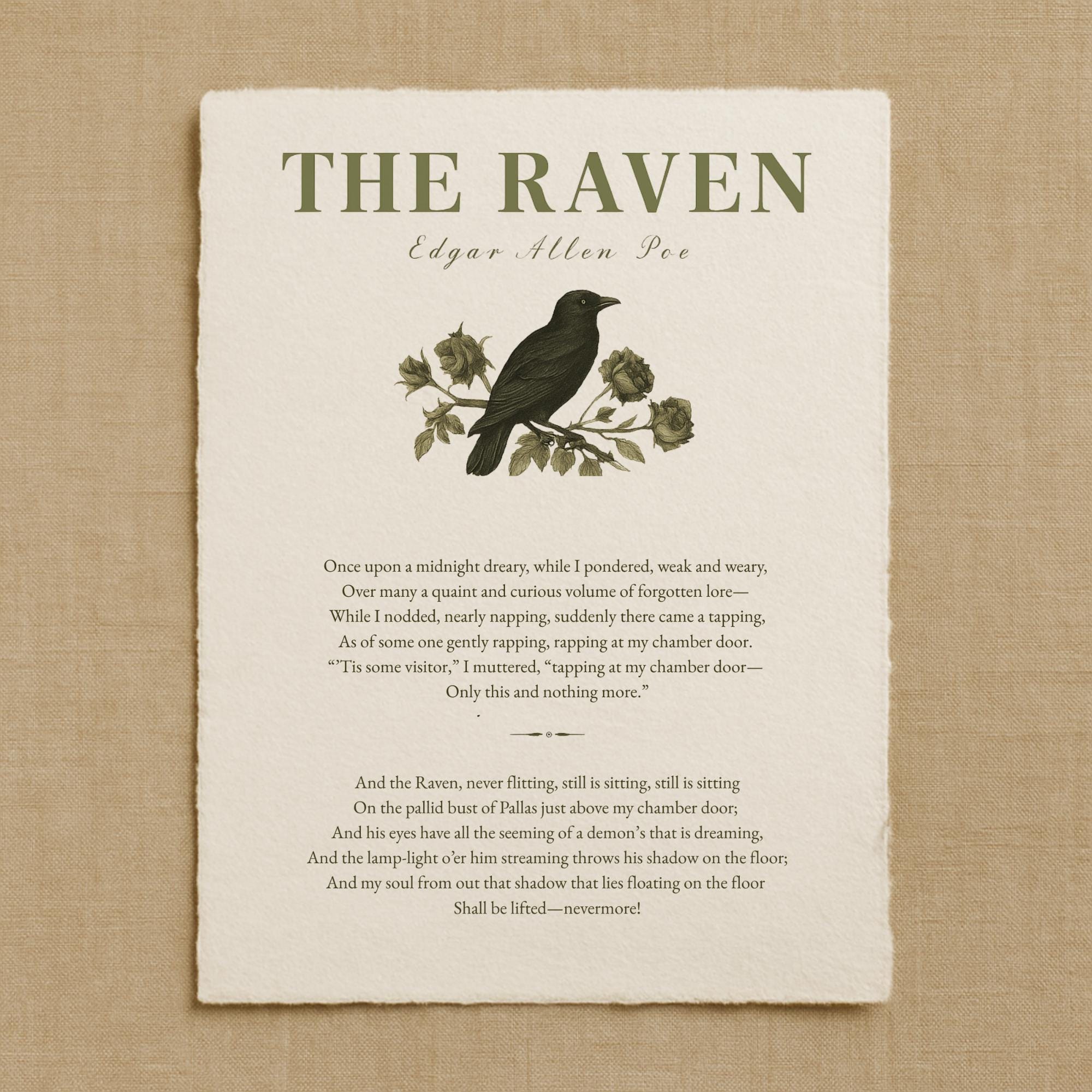 The Raven Poem Wall Art by Edgar Allan Poe, Fine Art Print on Handmade ...