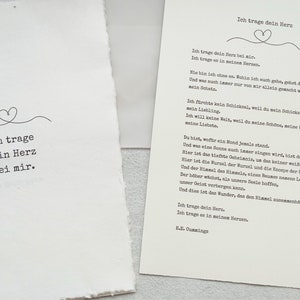 Je porte ton cœur - poème de Cummings, imprimé A5 sur papier fait main, envoie un poème d'amour, discours pour un mariage ou des fiançailles