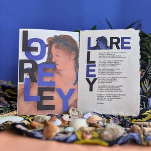 Loreley gedicht van Heinrich Heine, kaart met gedicht op handgeschept papier in A5, ontwerpkaart, literatuurkaart Loreley