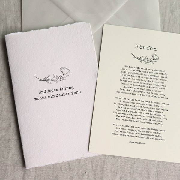 Hesse "Stufen" poem card, poster or card poem steps on handmade paper, for new beginnings, mindfulness card to frame/send