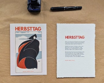 Rilke „Jesienny dzień” | Ekskluzywna składana kartka z motywem kobiecym i nadrukiem wiersza „Jesienny dzień” na papierze czerpanym 300 g | Kartka literacka | Prezent na jesień