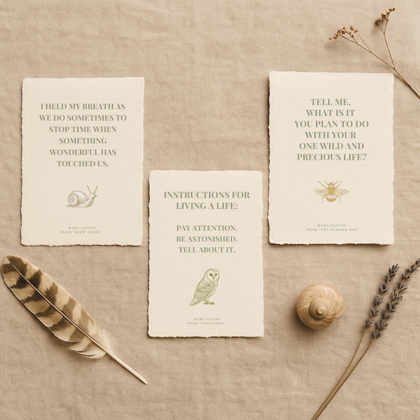 Mary Oliver Poetry Art Prints | Set of 3 Inspirational Quotes | Wild and Precious Life | Handmade Deckle Edge Paper | Gift for Poetry Lovers