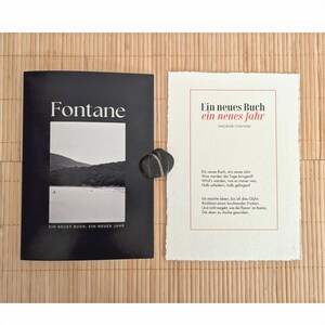 Fontane Gedicht 'Ein neues Buch, ein neues Jahr", Faltkarte in A5 mit Gedicht auf handgeschöpftem  Büttenpapier, zum Geburtstag oder Neujahr