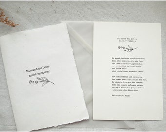 Rilke "You don't have to understand life" greeting card, A5 poem print on handmade paper for more lightness, for birthday