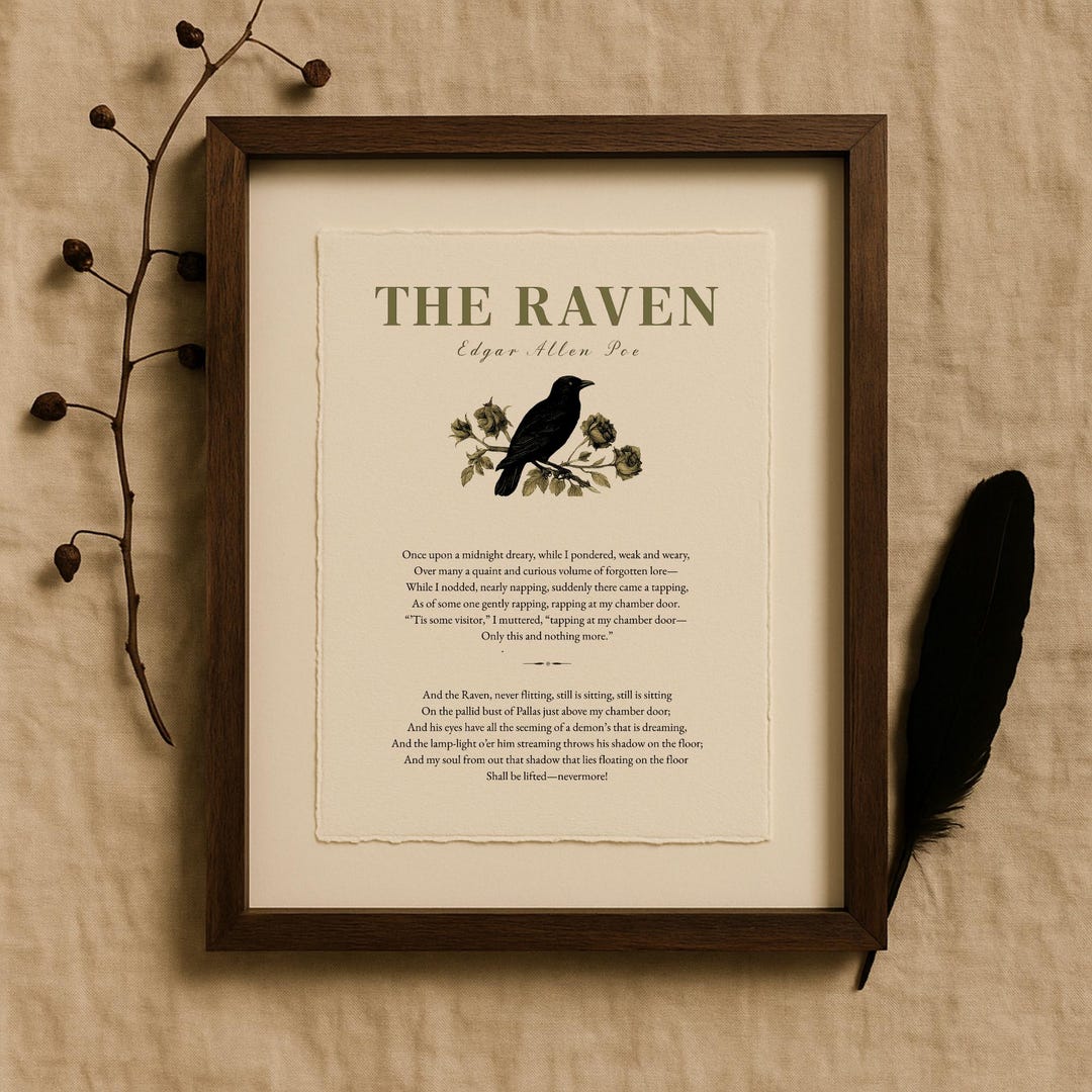 The Raven Poem Wall Art by Edgar Allan Poe, Fine Art Print on Handmade ...