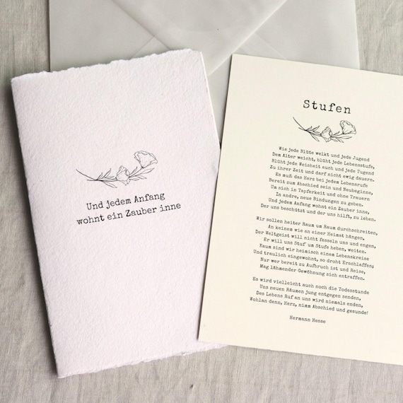 Stufen – Hesse Gedicht auf Büttenpapier, Karte Fine Art Print mit Gedicht, Geschenk zum Neubeginn, Geschenk zum Abschluss und Geburtstag