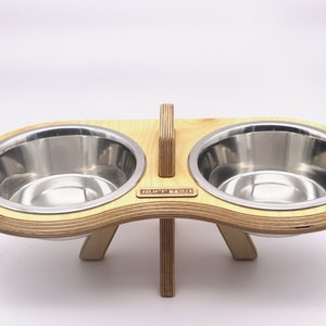 SALE - Double Dog Bowl Stand, Raised Dog Bowl Stand, Twin Dog Bowl Stand, Made in Cornwall, Made in UK, Birch Plywood, Stainless Steel Bowls