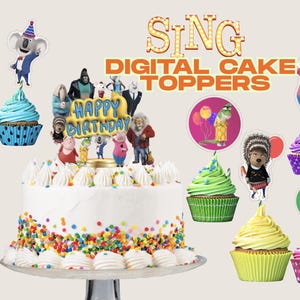 Digitale taarttopper zingen Cartoon taart en cupcake topper Afdrukbare cartoon taarttoppers Verjaardagsfeestje Instant Download Kinderfeest