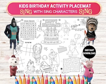 Mantel individual de cumpleaños con dibujos animados para cantar / Juegos imprimibles para niños (Descarga digital)