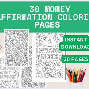 Páginas para colorir com afirmações financeiras: Manifeste sua riqueza diariamente em 30 dias | Arte de parede para impressão para mentalidade de abundância e crescimento financeiro