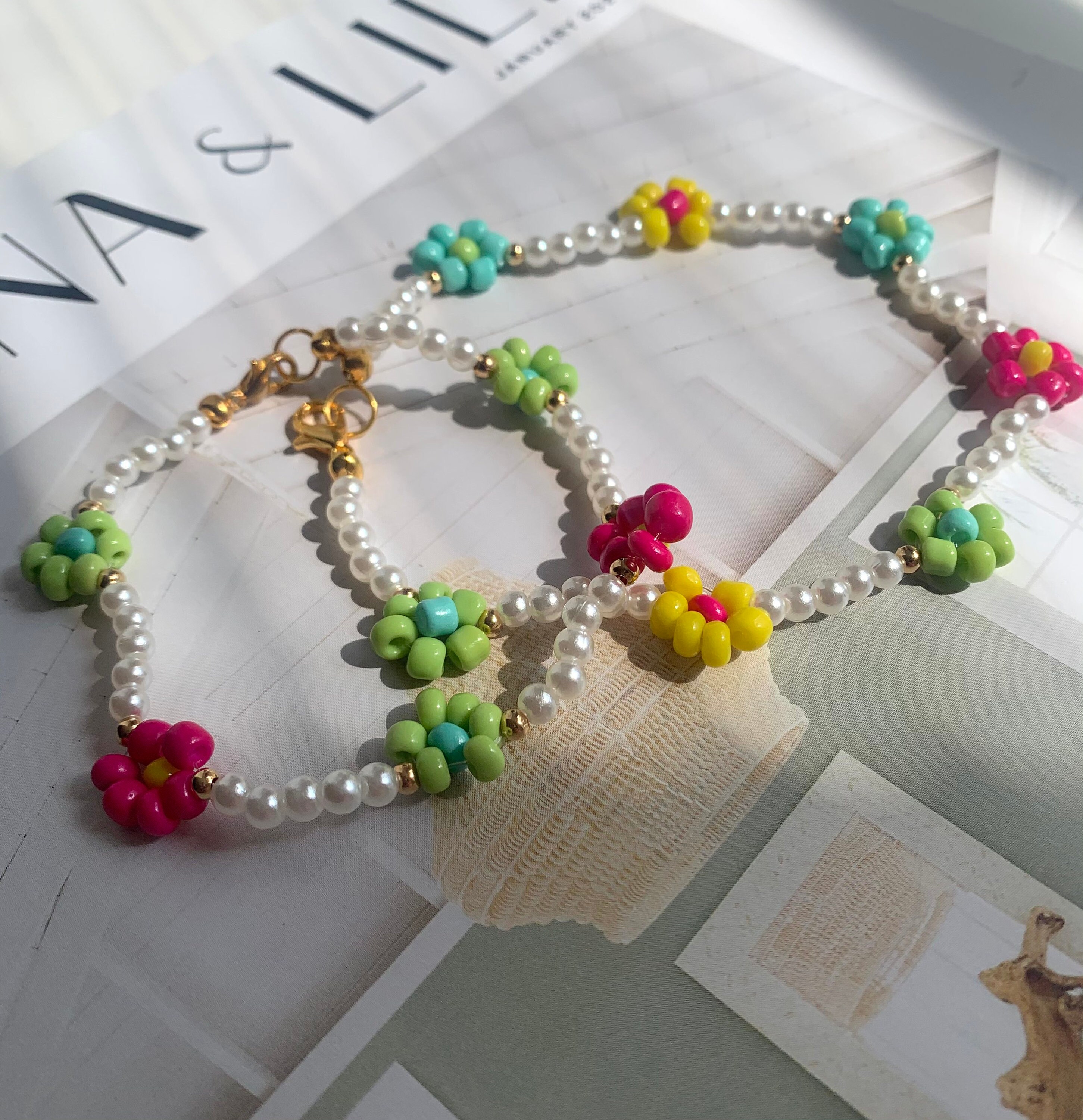 Pearls beads beaded anklet with flowers Daisy beaded Etsy