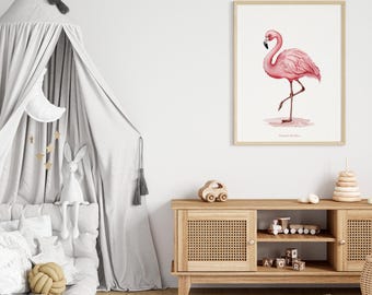 Póster de flamenco en acuarela – Ilustración de acuarela suave | Arte de pared de animales | Decoración de dormitorios infantiles | Impresión artística A5 A4 A3