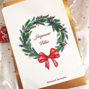 carte de voeux, joyeuses fêtes, couronne de noël, carte aquarelle, papeterie , carterie