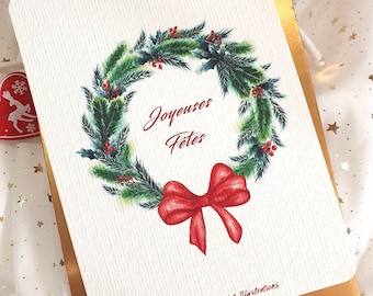 tarjeta de felicitación, felices fiestas, corona de Navidad, tarjeta de acuarela, papelería, fabricación de tarjetas
