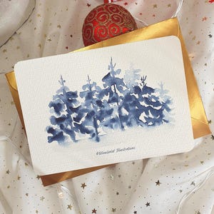 Carte de voeux, sapins enneigés, carte aquarelle, carterie, papeterie, sapins aquarelle