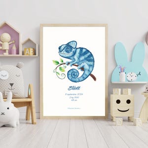 Póster de camaleón en acuarela – Decoración personalizable para habitación de bebé – Nombre y fecha de nacimiento – Regalo de nacimiento original