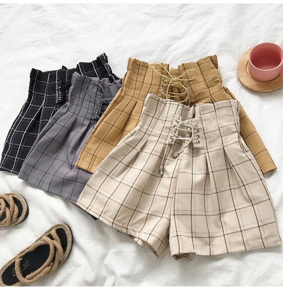 New Vintage Plaid Shorts Women Elastic 