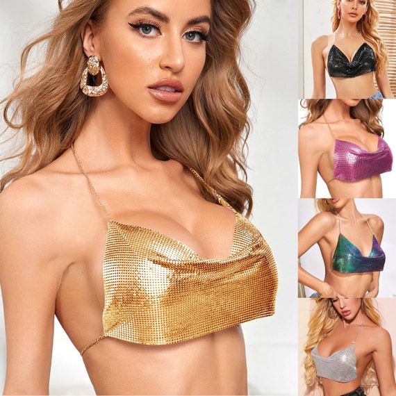 Handmade Summer Sexy Club Femme Fashion Metal Crop Top Backless Bralette  Vest Beach Halter Gold Sequined Party Women Tank Camisole 