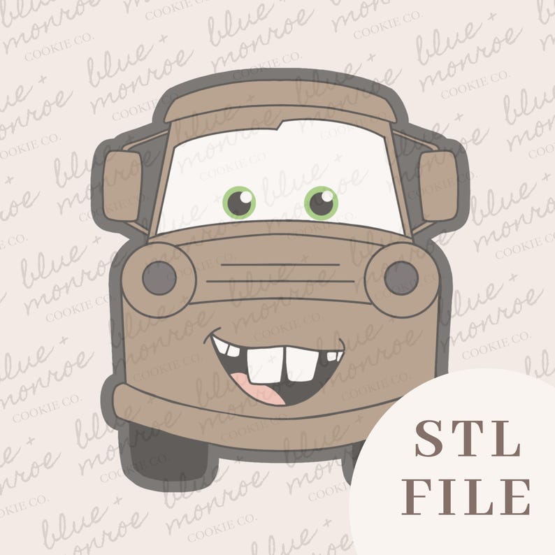 May include: A cookie cutter in the shape of Tow Mater from the movie Cars. The cutter is light brown with a gray outline, green eyes, and a smiling mouth. The text "STL FILE" is in a circle on the bottom right.